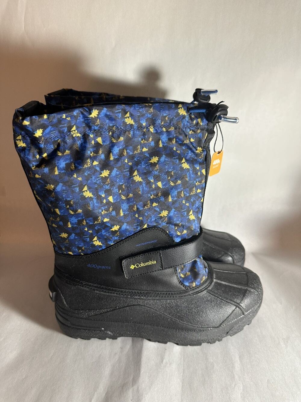 NIB Columbia Youth Unisex Powderbug Forty Print Snow Boot Black/Laser Lemon Sz 7